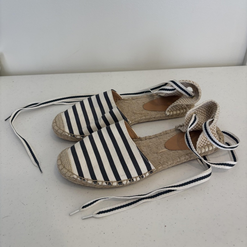 J Crew Shoes Womens Size 8 Navy Ivory‎ Espadrille Stripe Ankle Tie Flats Summer